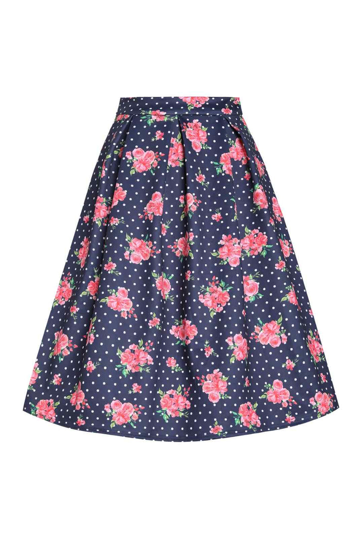 PREORDER - Aisley Navy Polka Dot Rose Pleated Midi Skirt - Estimated dispatch 28th of November