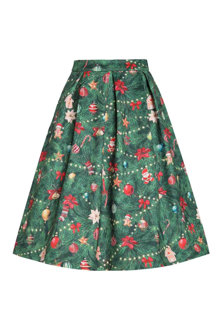 PREORDER - Aisley Green Christmas Tree Pleated Midi Skirt - Estimated dispatch 28th of November