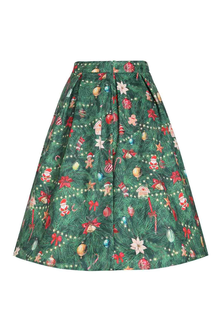PREORDER - Aisley Green Christmas Tree Pleated Midi Skirt - Estimated dispatch 28th of November