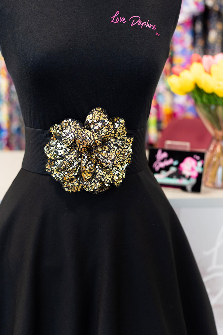 Sequin Flower Elastic Belt - Black Gold