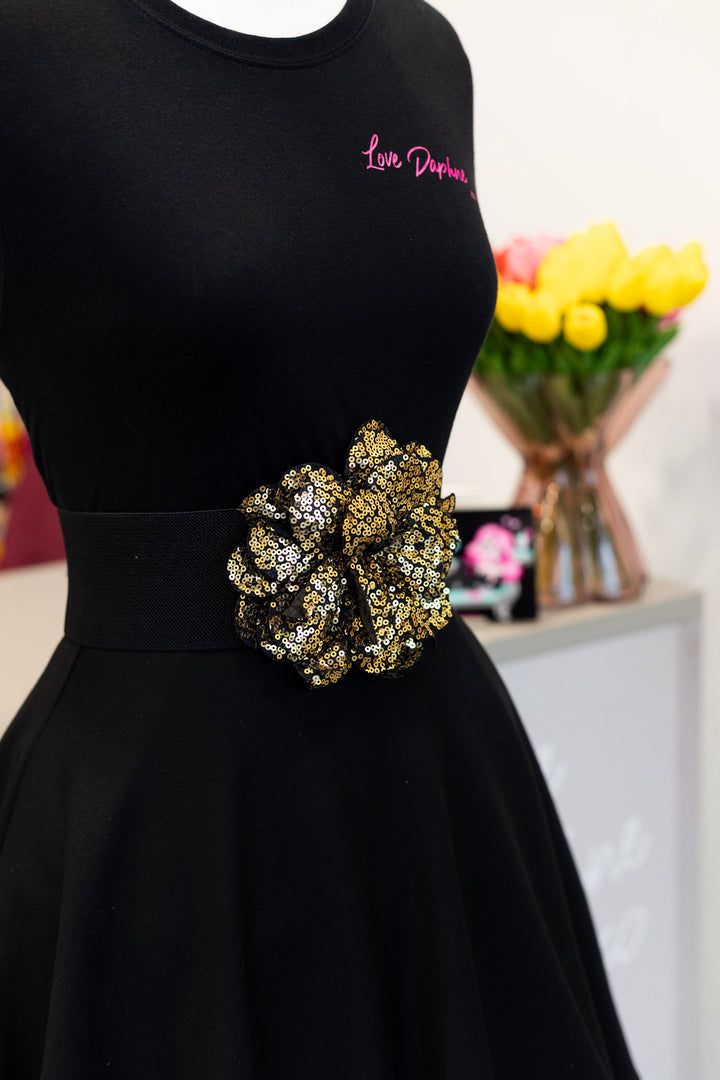 Sequin Flower Elastic Belt - Black Gold