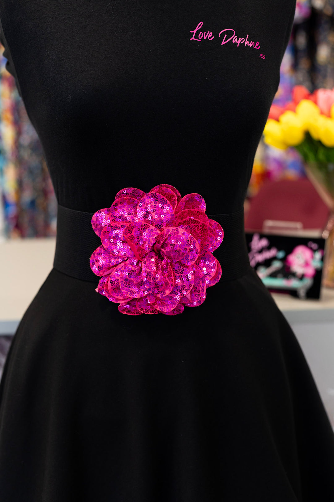 Sequin Flower Elastic Belt - Fuschia