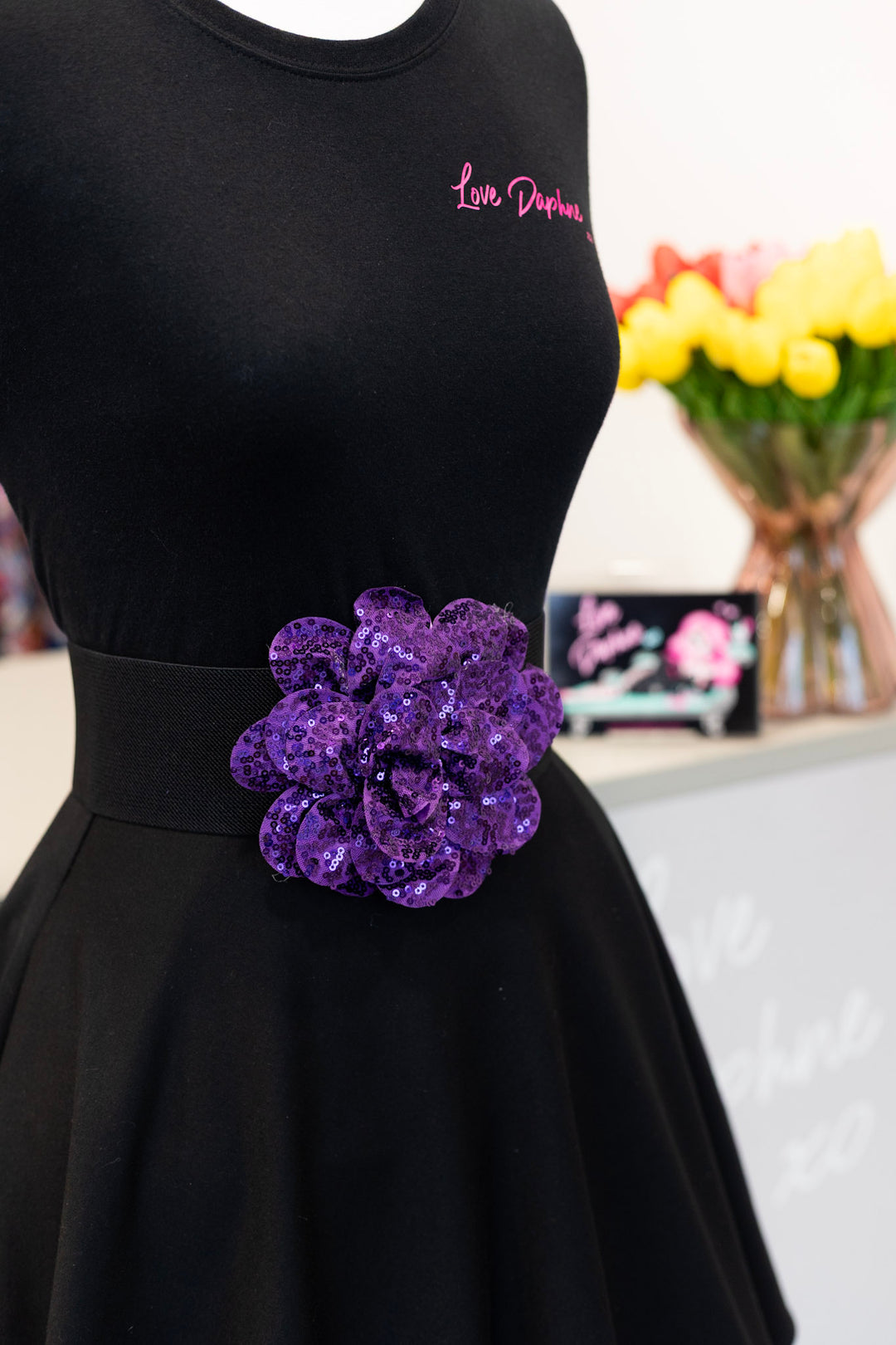 Sequin Flower Elastic Belt - Purple