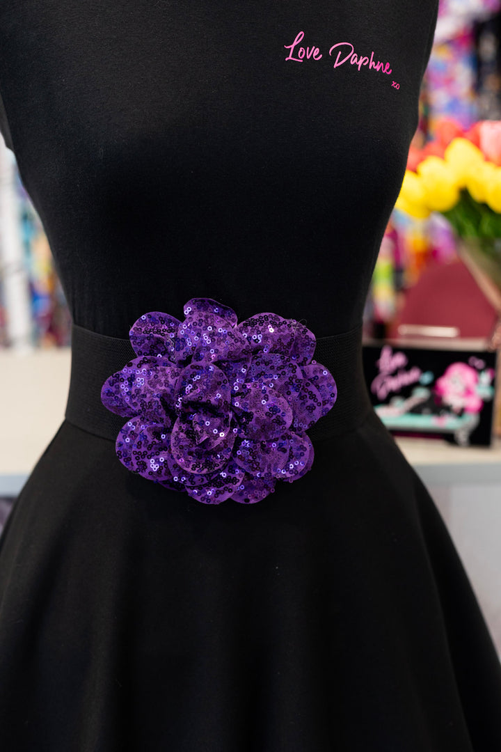 Sequin Flower Elastic Belt - Purple
