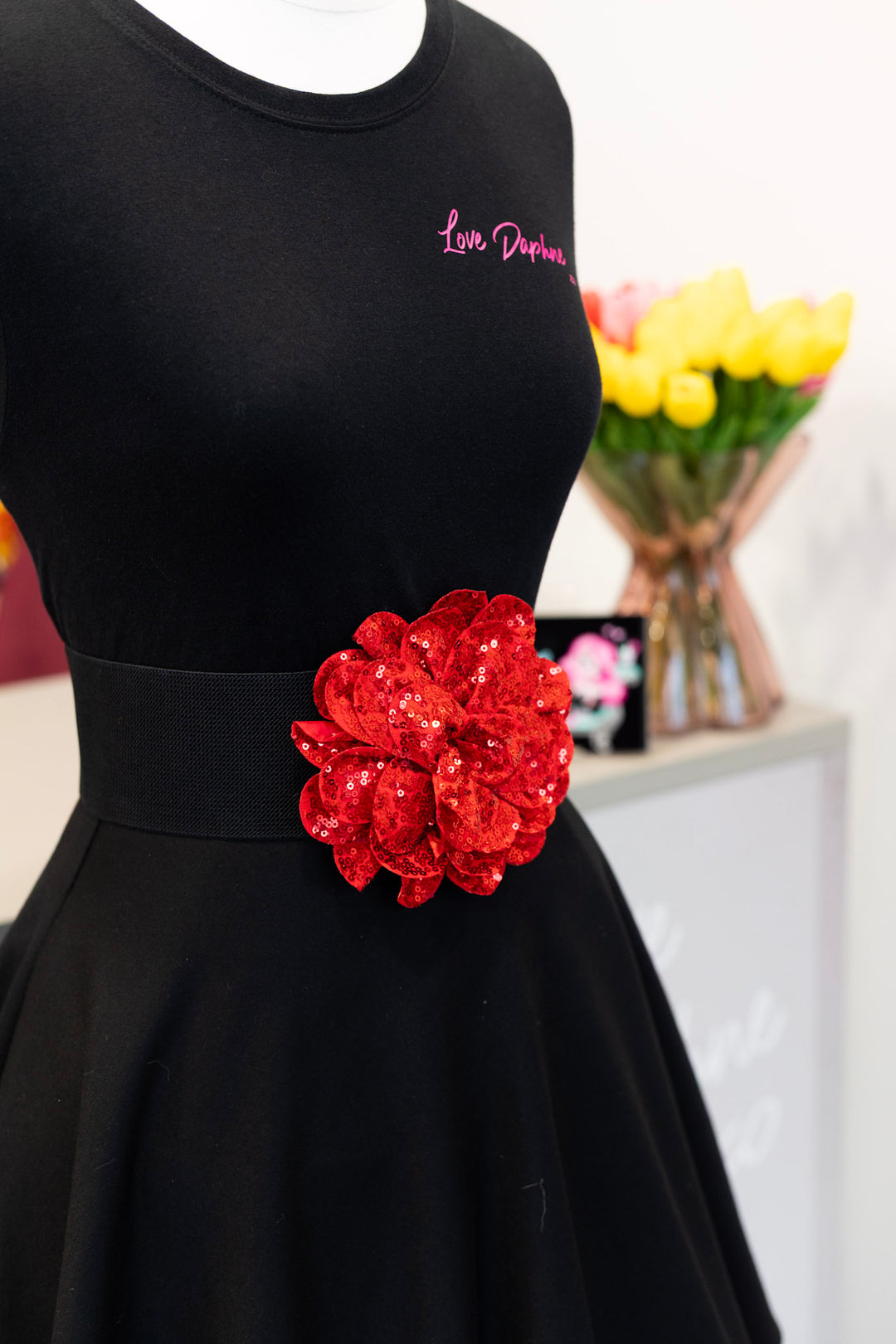 Sequin Flower Elastic Belt - Red