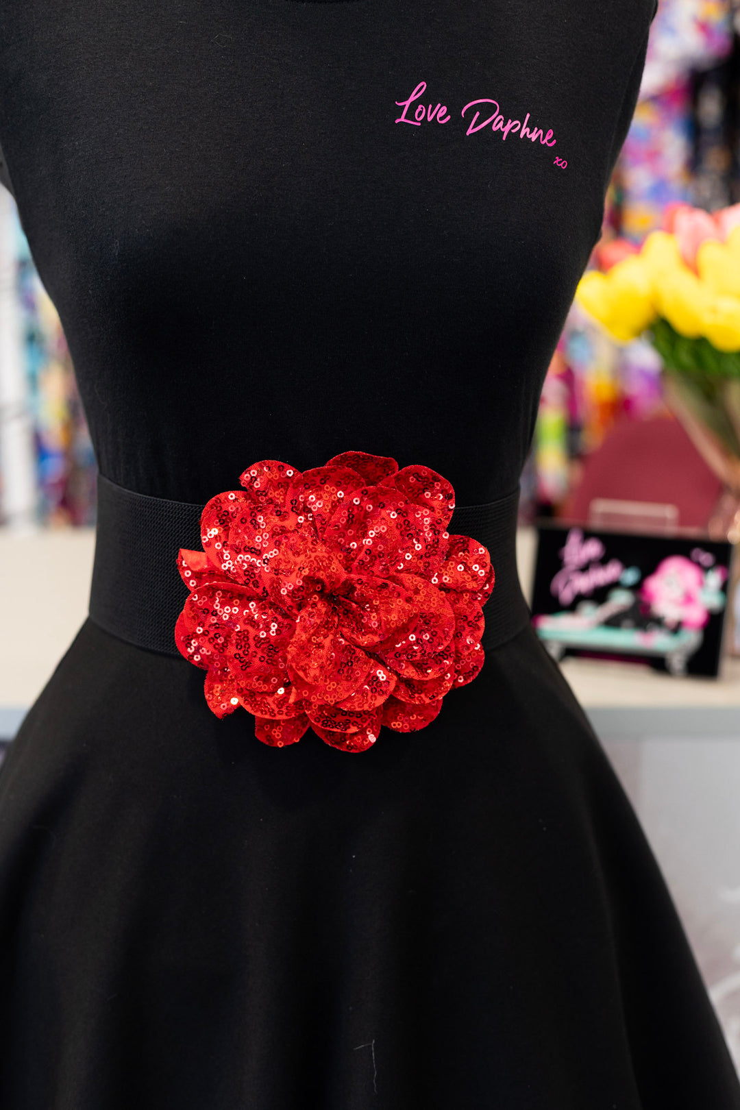 Sequin Flower Elastic Belt - Red