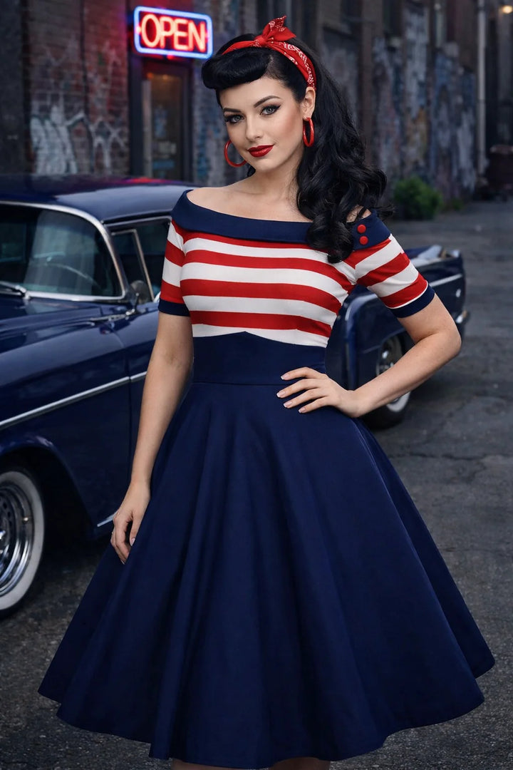 Darlene Navy And Red Nautical Swing Dress