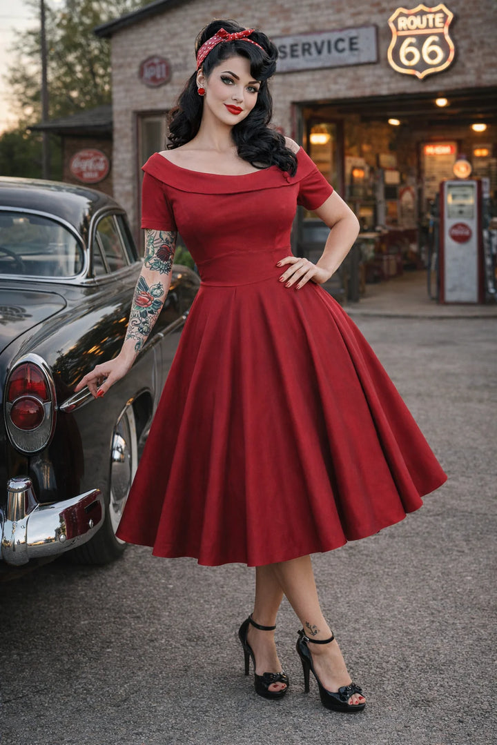 PREORDER - Darlene Stretchy Burgundy Swing Dress - Expected dispatch 3rd of June