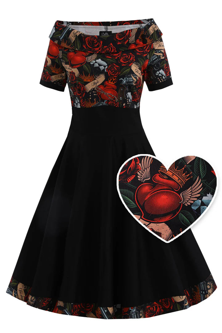 PREORDER - Darlene Rockabilly Heart & Roses Dress - Expected dispatch date 6th of August