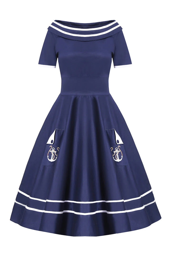 PREORDER - Darlene Navy Embroidered Anchor Dress - Expected dispatch 2nd of June