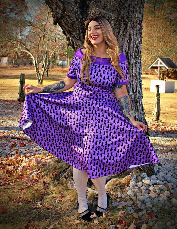 PREORDER - Darlene Purple Cat Swing Dress - Expected dispatch 3rd September