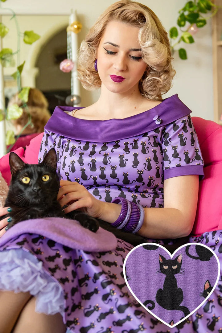 PREORDER - Darlene Purple Cat Swing Dress - Expected dispatch 3rd September