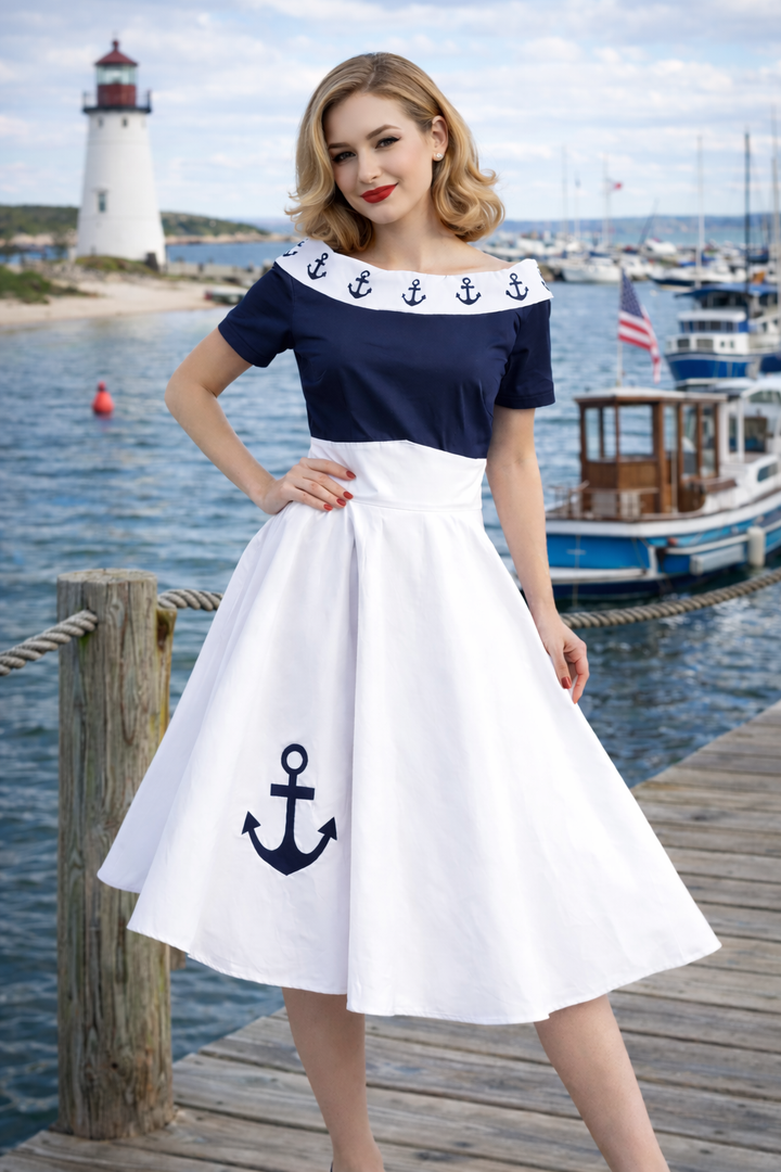 PREORDER - Darlene White Anchor Nautical Swing Dress - Expected dispatch 2nd of June
