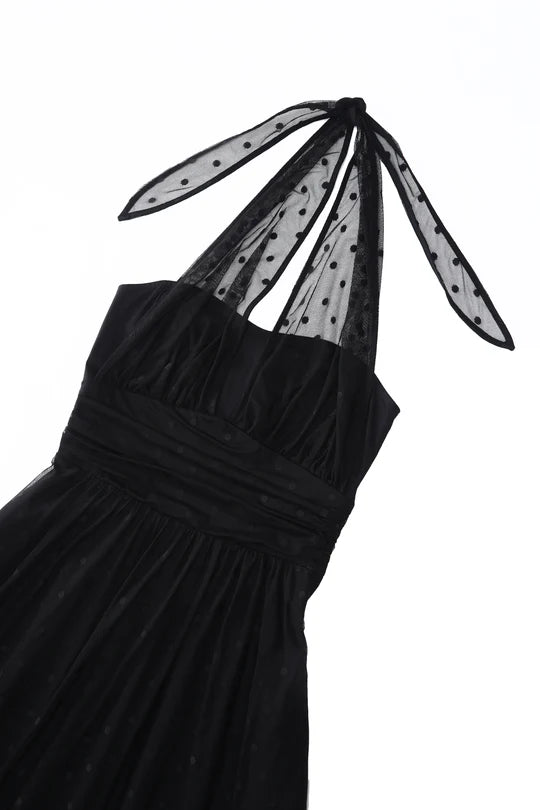 Dorothea Black Polka Dot Mesh Halter Dress - Preorder for dispatch 29th August