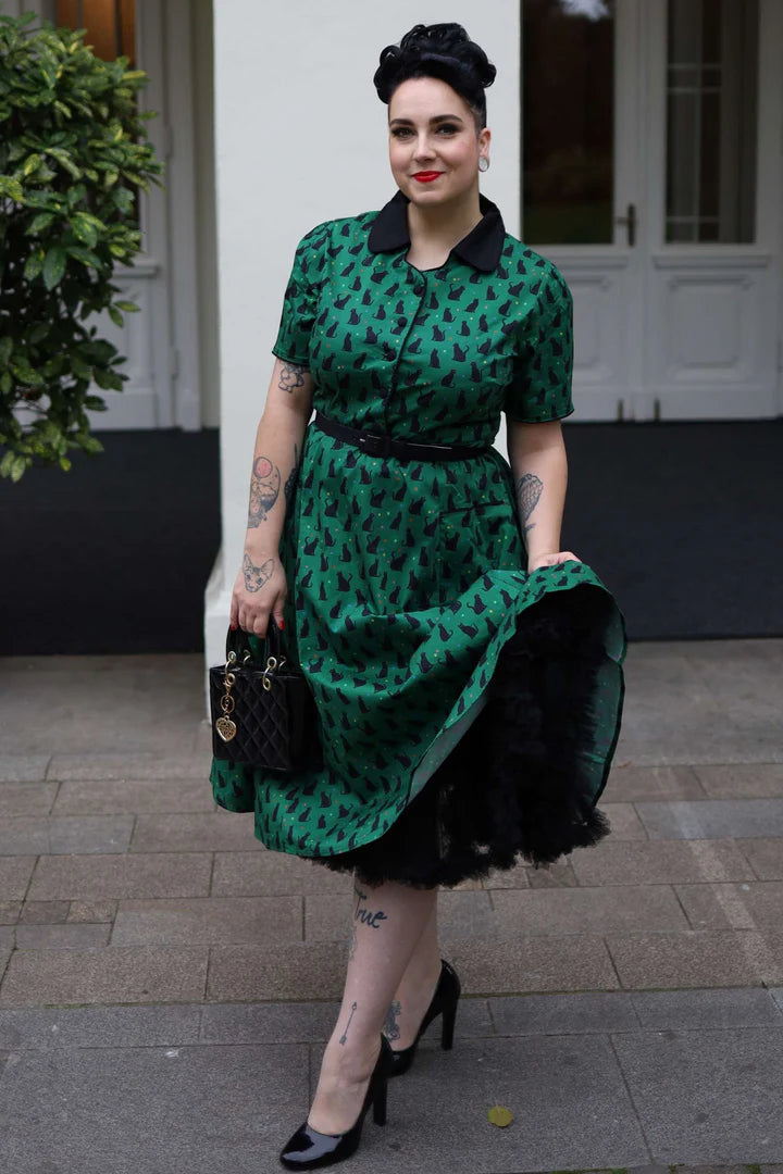 PREORDER - Penelope Green Black Cat Shirt Dress - Preorder for dispatch 3rd of June