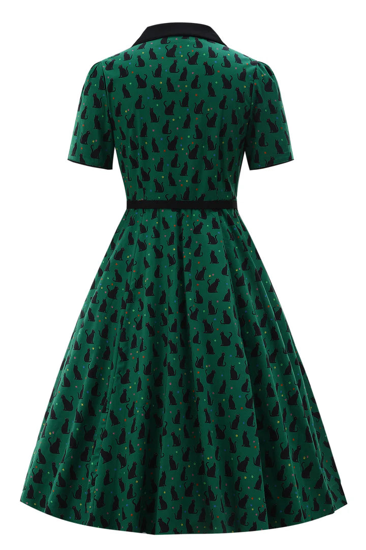 PREORDER - Penelope Green Black Cat Shirt Dress - Preorder for dispatch 3rd of June