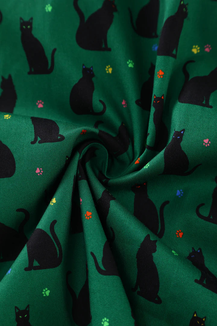 PREORDER - Penelope Green Black Cat Shirt Dress - Preorder for dispatch 3rd of June