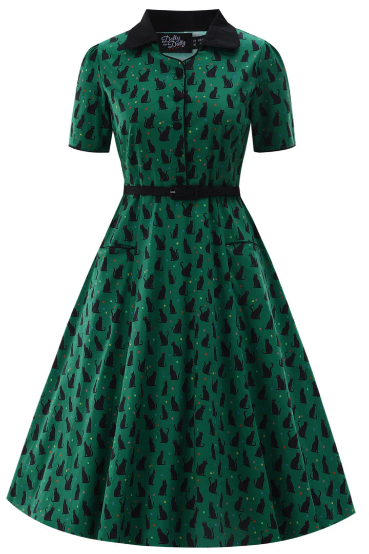 PREORDER - Penelope Green Black Cat Shirt Dress - Preorder for dispatch 3rd of June