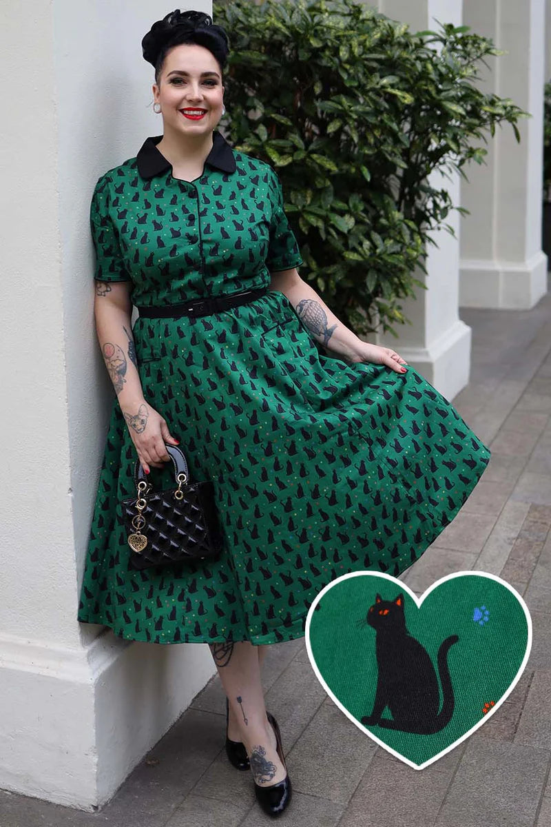 PREORDER - Penelope Green Black Cat Shirt Dress - Preorder for dispatch 3rd of June