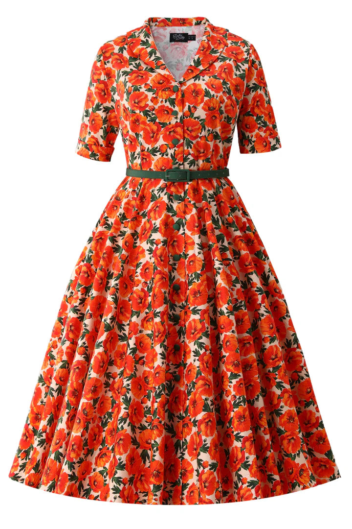 PREORDER - Mollie Orange Poppy Shirt Dress - Expected dispatch 1st September
