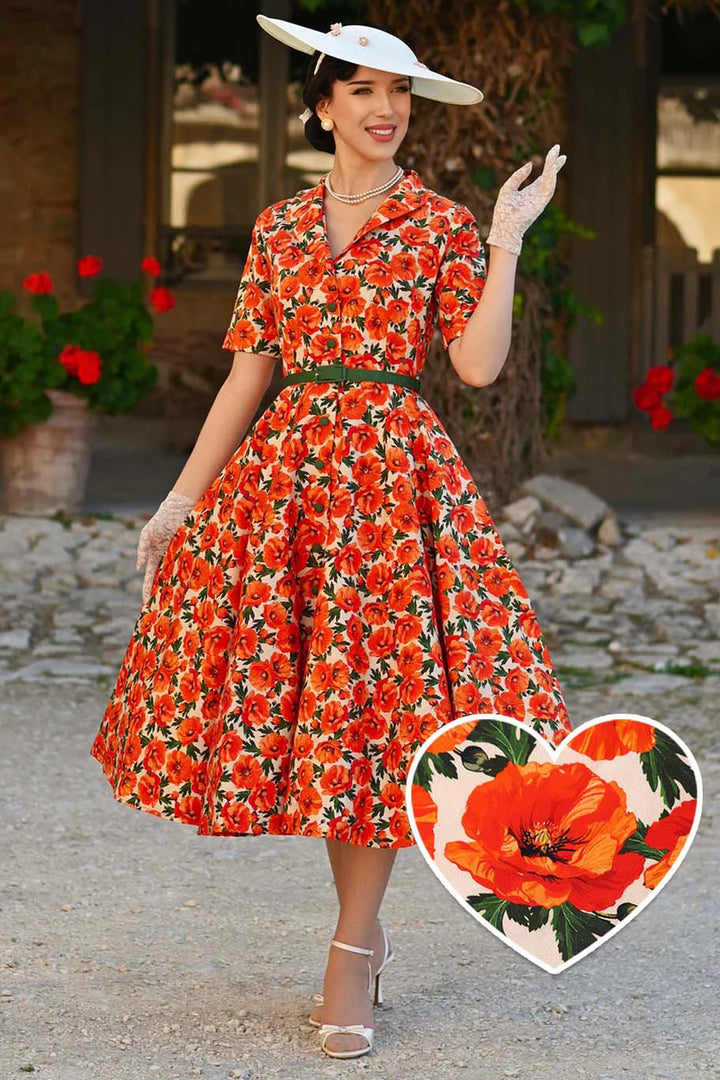 PREORDER - Mollie Orange Poppy Shirt Dress - Expected dispatch 1st September
