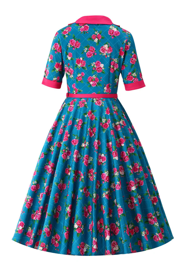 PREORDER - Mollie Blue & Pink Rose Shirt Dress - Expected dispatch 24th of June
