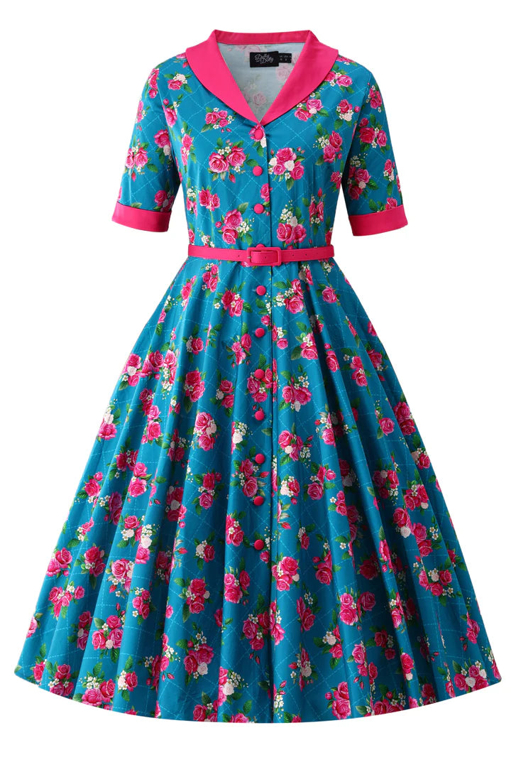 PREORDER - Mollie Blue & Pink Rose Shirt Dress - Expected dispatch 24th of June