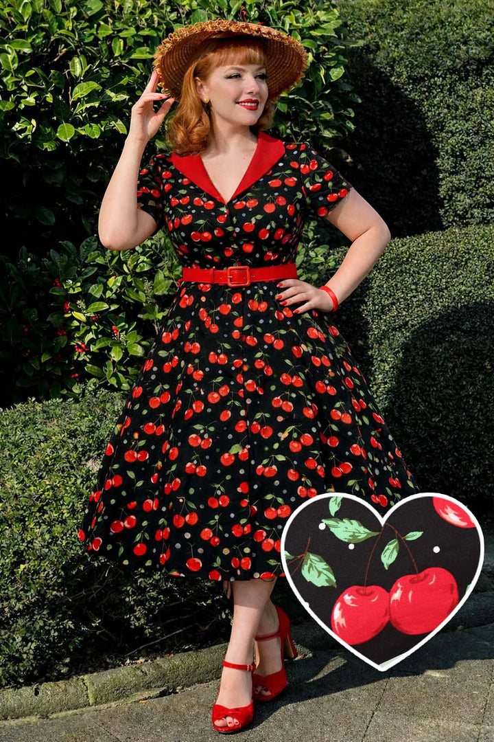 PREORDER - Mollie Black Red Cherry Shirt Dress - Expected dispatch 1st of July