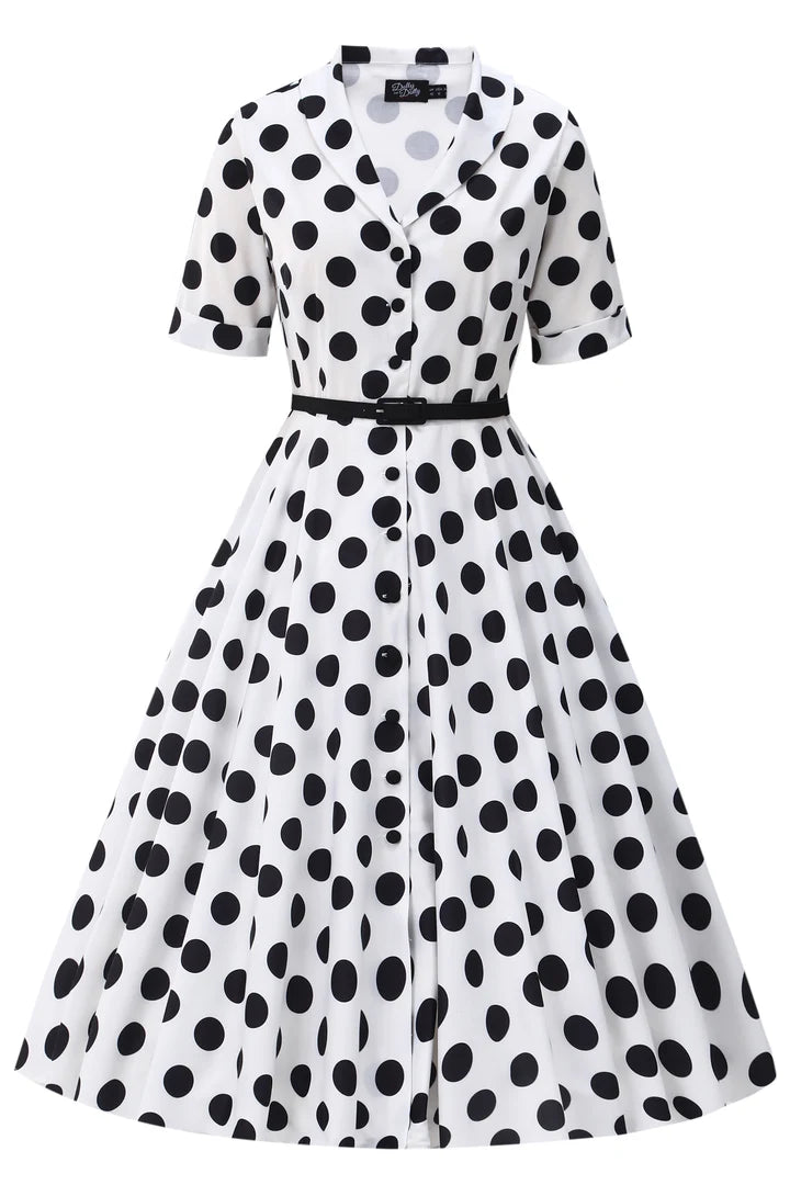 PREORDER - Mollie White and Black Polka Shirt Dress - Expected dispatch 1st of September