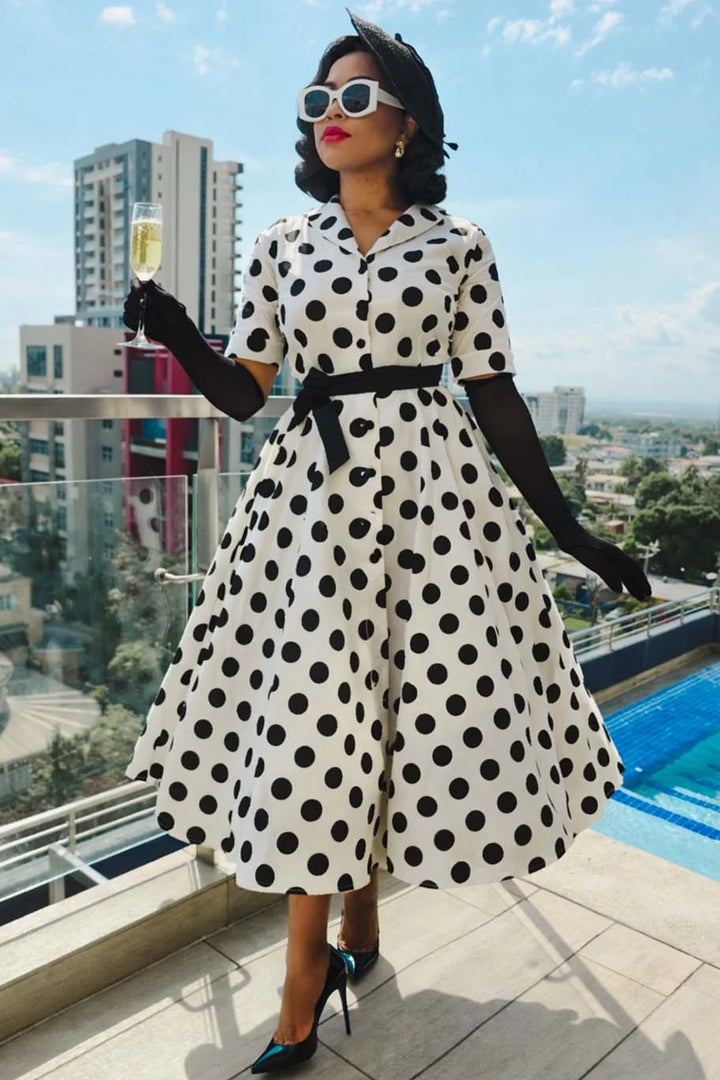 PREORDER - Mollie White and Black Polka Shirt Dress - Expected dispatch 1st of September