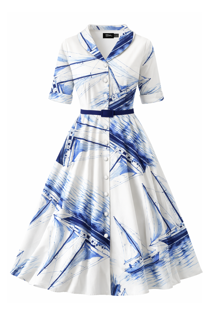 PREORDER - Mollie White Sail Boat Nautical Shirt Dress - Expected dispatch 2nd of June