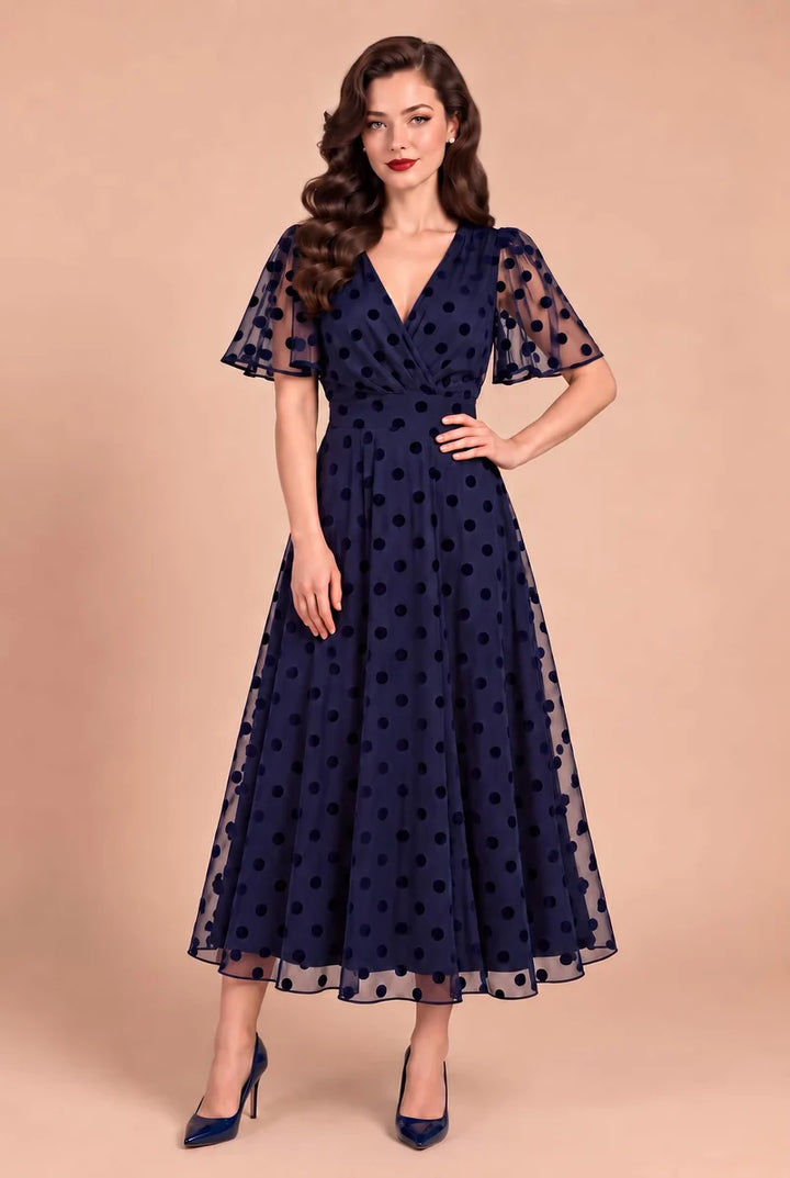 PREORDER - Marianne Navy Polka Dot Mesh Dress - Expected dispatch 3rd of November