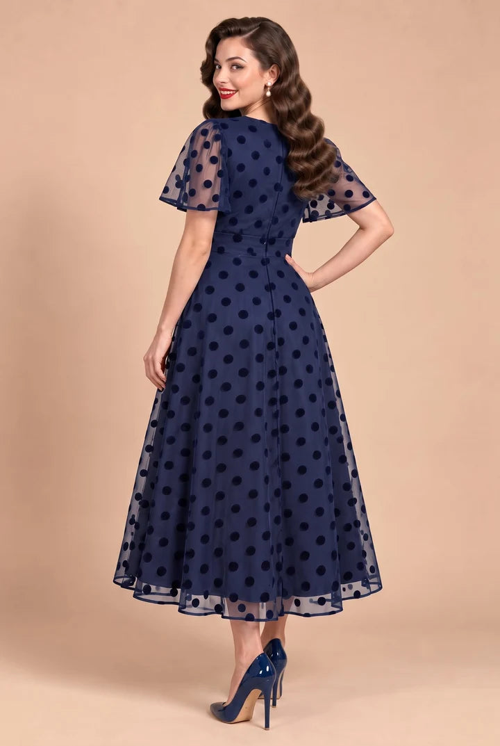 PREORDER - Marianne Navy Polka Dot Mesh Dress - Expected dispatch 3rd of November