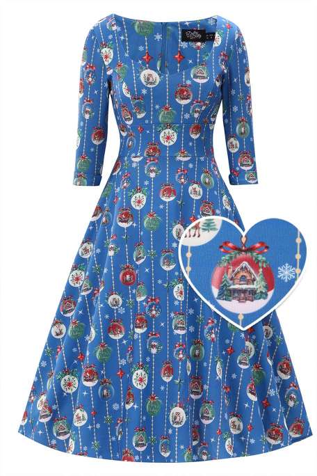 PREORDER - Scarlette Blue Christmas Bauble Swing Dress - Estimated dispatch 5th of November