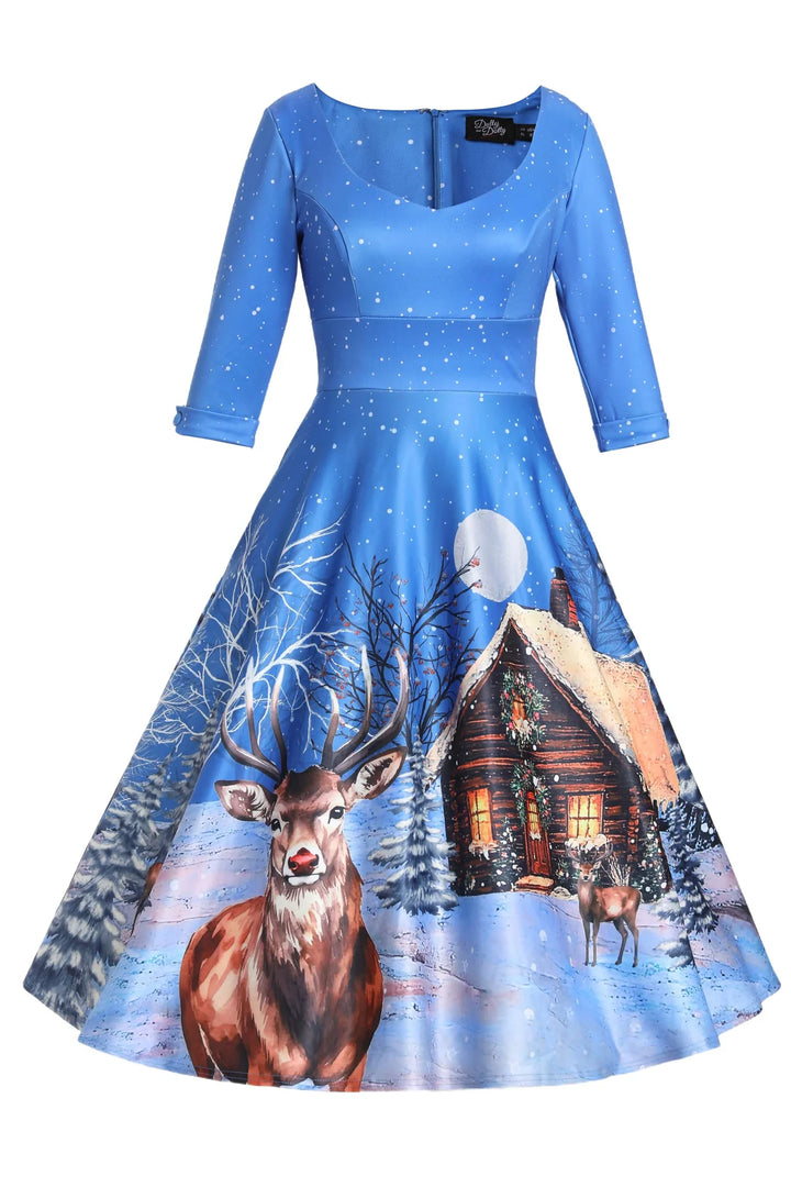 PREORDER - Scarlette Blue Reindeer Swing Dress - Estimated dispatch 5th of November