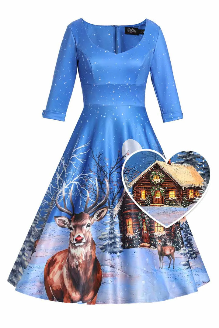 PREORDER - Scarlette Blue Reindeer Swing Dress - Estimated dispatch 5th of November