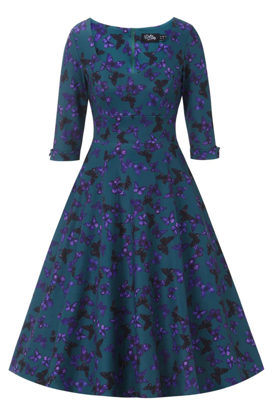 PREORDER - Scarlette Teal and Purple Butterfly Swing Dress - Estimated dispatch 22nd of October