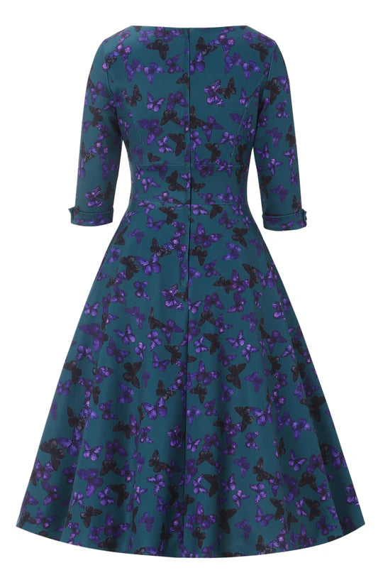 PREORDER - Scarlette Teal and Purple Butterfly Swing Dress - Estimated dispatch 22nd of October