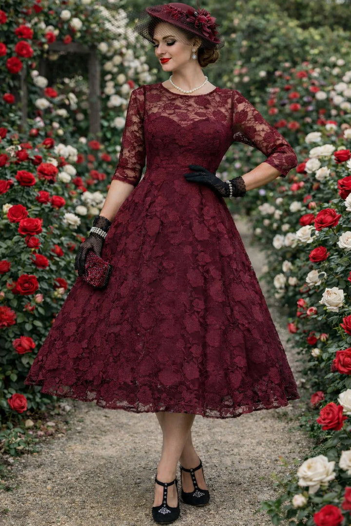 PREORDER - Madeline Long Sleeve Lace Dress in Burgundy - Expected dispatch 6th of August