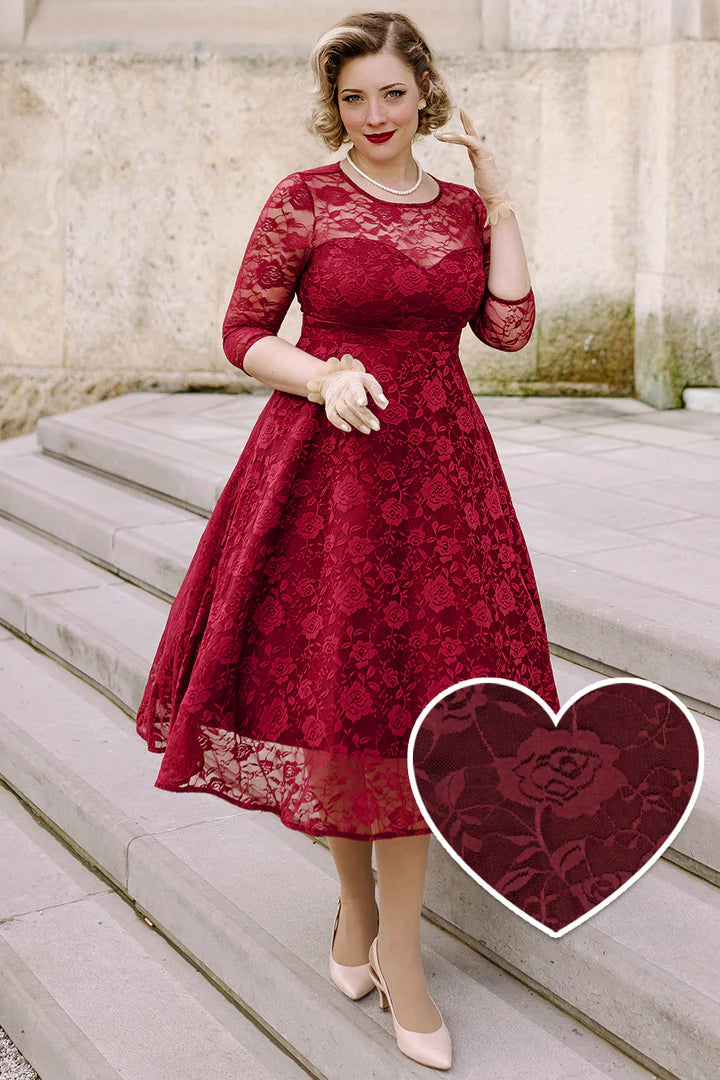 PREORDER - Madeline Long Sleeve Lace Dress in Burgundy - Expected dispatch 6th of August