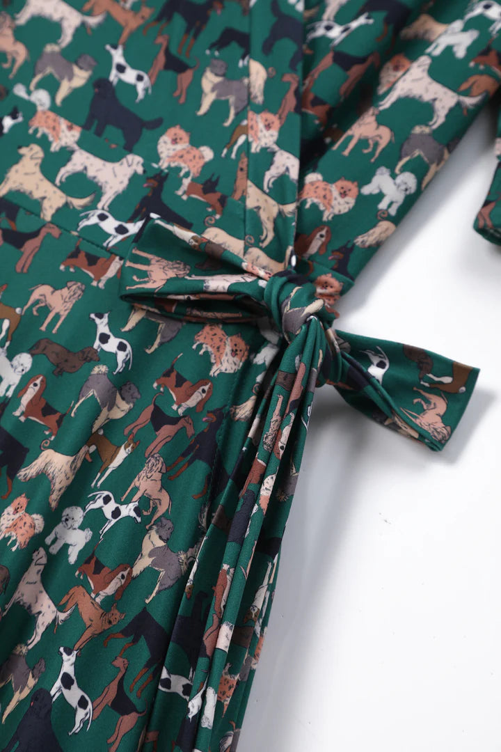 Matilda Green Dog Print Wrap Dress - Preorder for dispatch 16th September