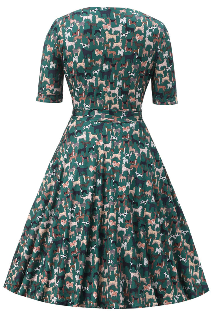 Matilda Green Dog Print Wrap Dress - Preorder for dispatch 16th September