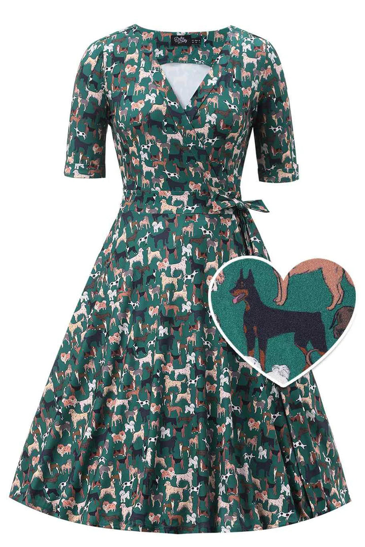 Matilda Green Dog Print Wrap Dress - Preorder for dispatch 16th September