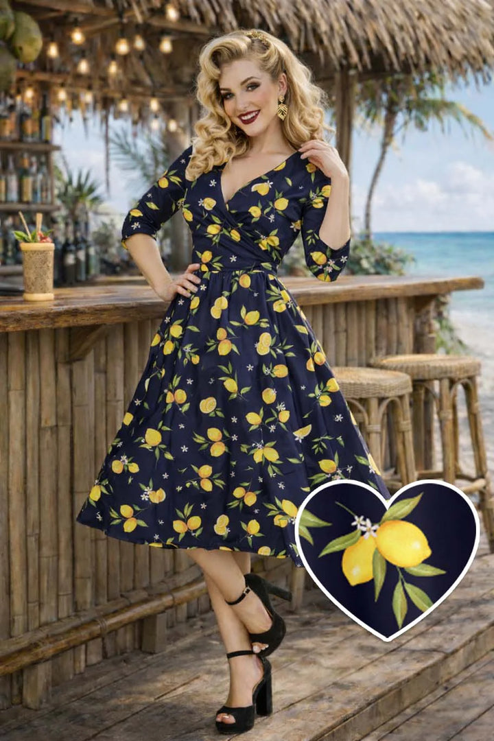 PREORDER - Matilda Navy Blue Lemon Wrap Dress - Expected dispatch date 1st of July