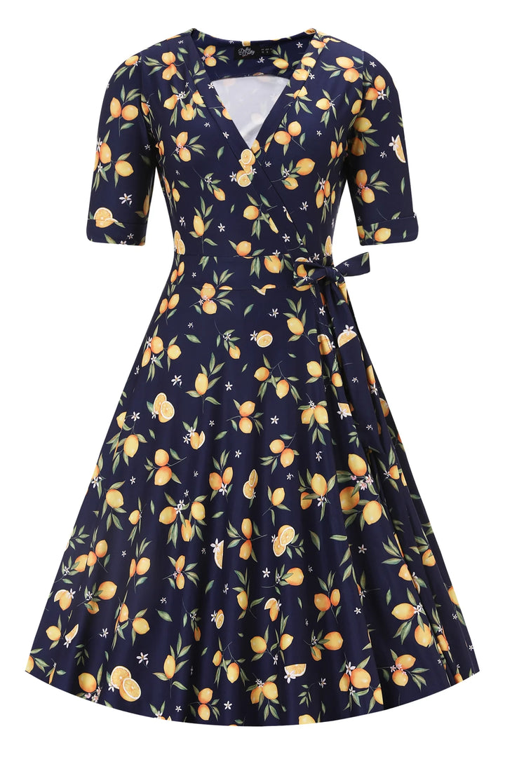 PREORDER - Matilda Navy Blue Lemon Wrap Dress - Expected dispatch date 1st of July