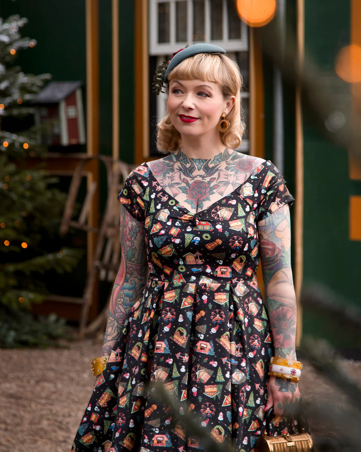 PREORDER - Lily Black Christmas Fair Swing Dress - Estimated dispatch 30th of October