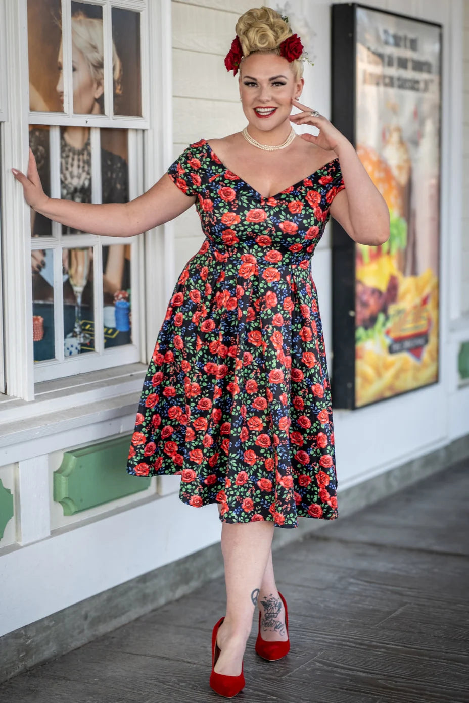 PREORDER - Lily Red Roses Swing Dress - Expected dispatch 15th of September