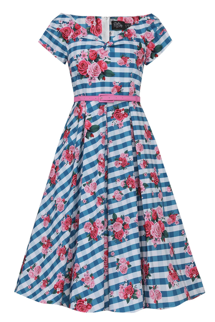 PREORDER - Lily 50's Blue Rose Swing Dress - Expected dispatch 15th of September