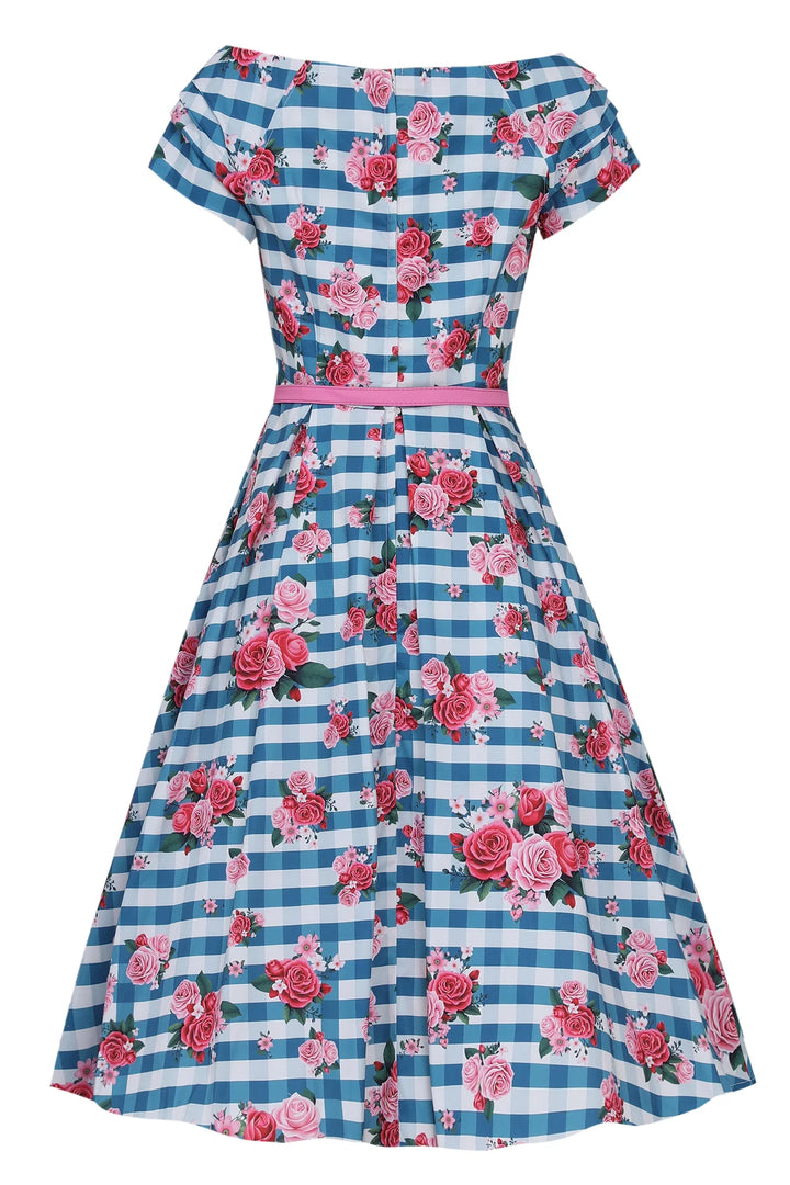 PREORDER - Lily 50's Blue Rose Swing Dress - Expected dispatch 15th of September