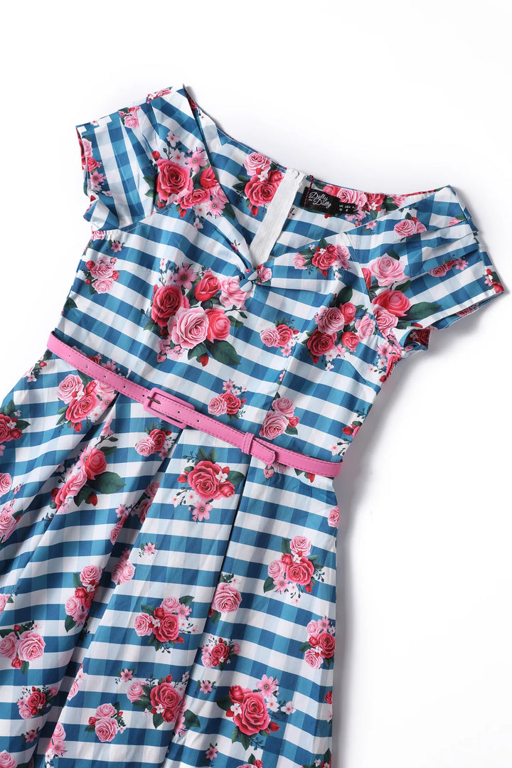 PREORDER - Lily 50's Blue Rose Swing Dress - Expected dispatch 15th of September